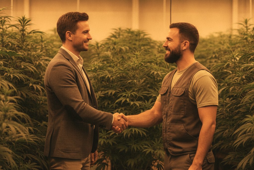 Hydro Supply Co. supply partner and grower shaking hands in a cultivation facility
