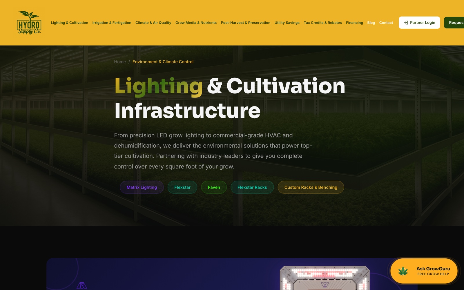 Hydro Supply Co. product lineup — lighting, cultivation, and full multi-brand catalog