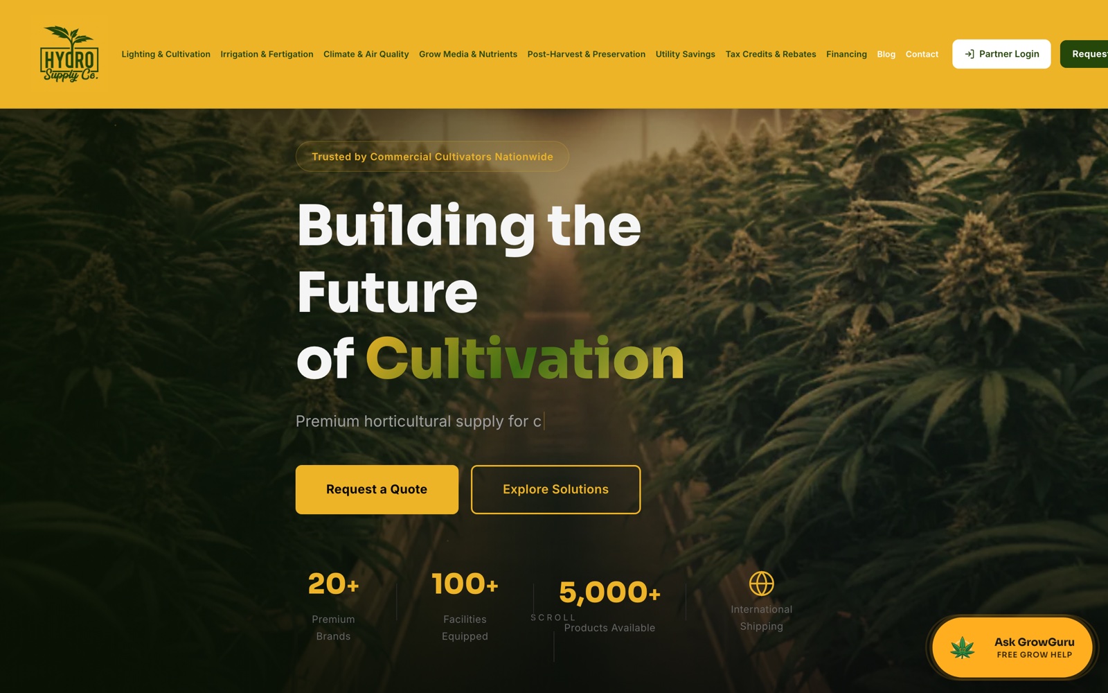 Hydro Supply Co. website — premium horticultural supply for commercial cultivators