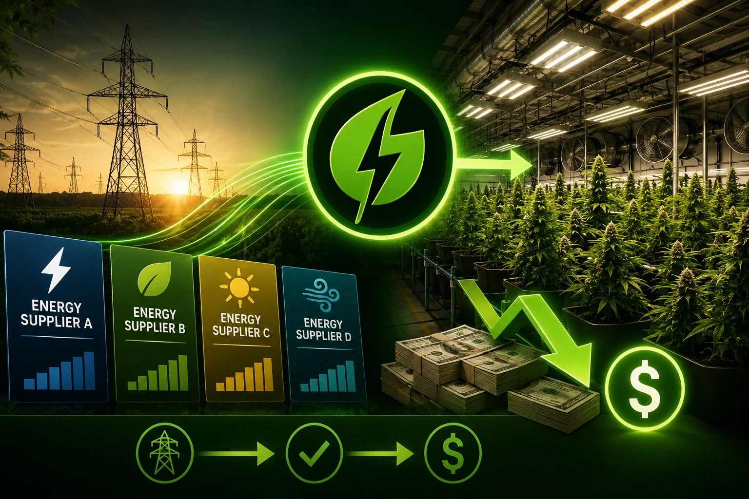 Energy suppliers competing to power a cannabis cultivation facility — lower bills and bigger savings