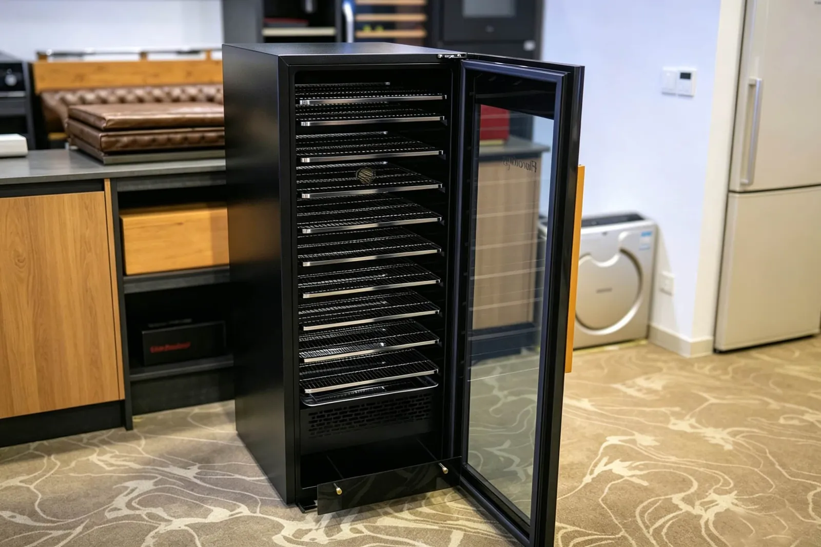Ten stainless racks inside the cabinet