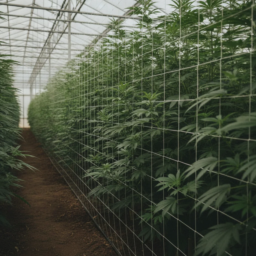 Cannabis row trellised vertically with HORTOMALLAS netting in a greenhouse, plants growing through the square mesh
