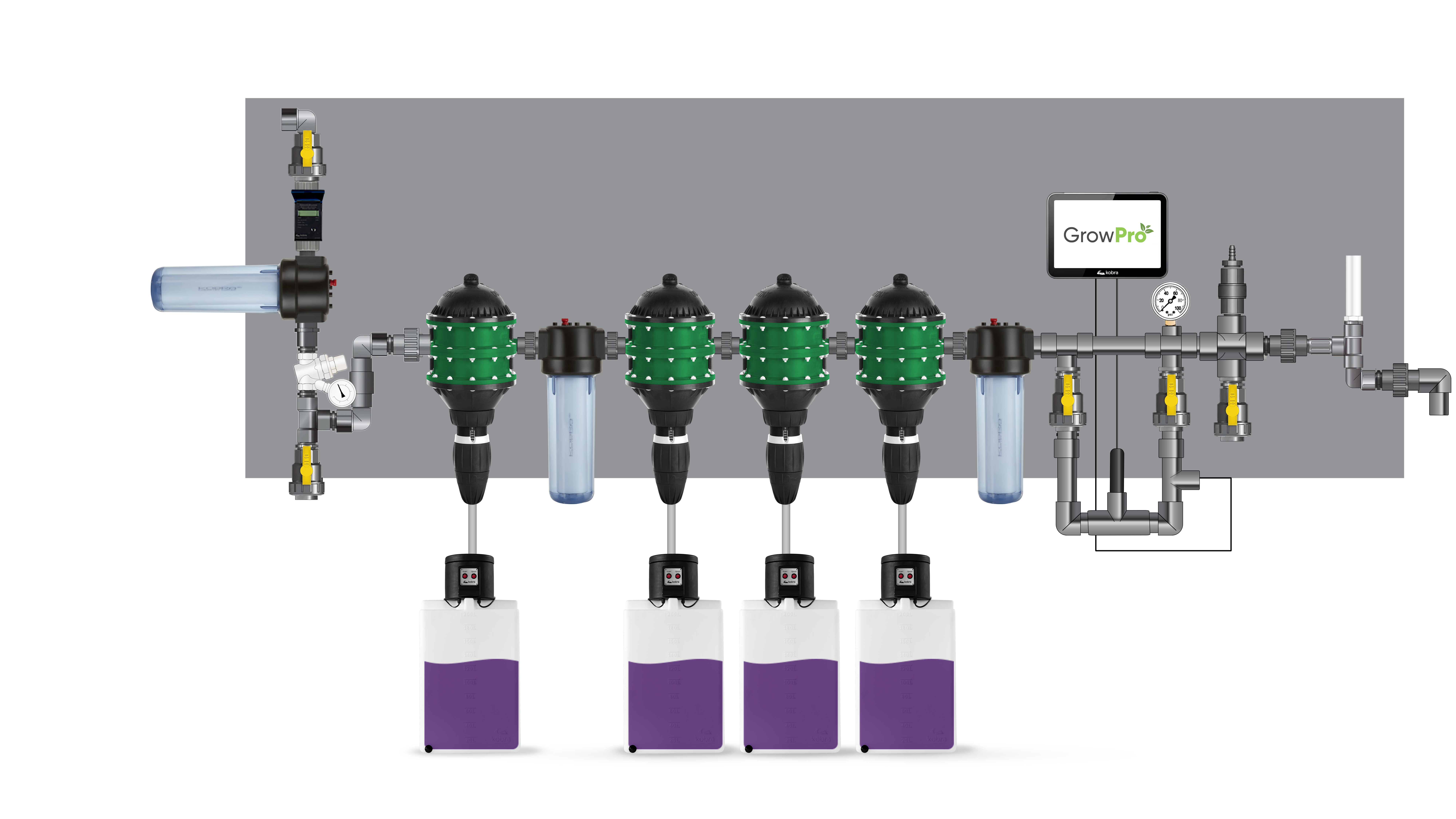 Dosatak GrowPro nutrient delivery system — Silica, Grow, Bloom, pH Buffer dosing panel with pre-filtration and pressure gauge