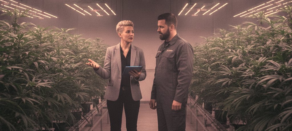 Cannabis consultant advising a facility manager on the grow-room floor