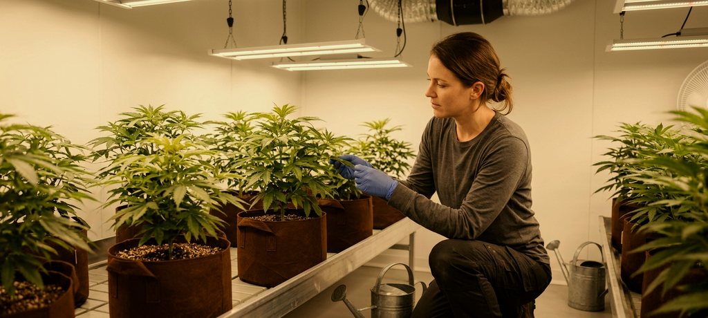 Craft grower checking a leaf in a small indoor grow room