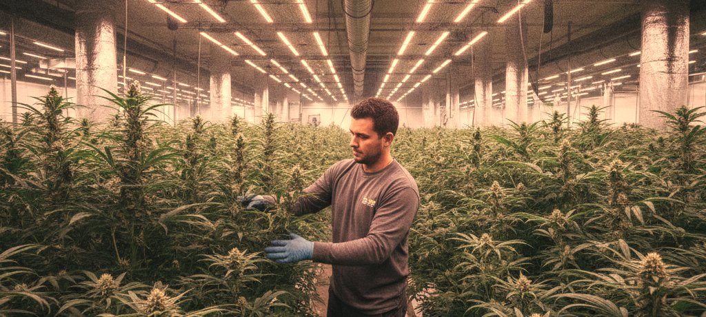 Commercial cannabis grower inspecting the canopy in a licensed cultivation facility