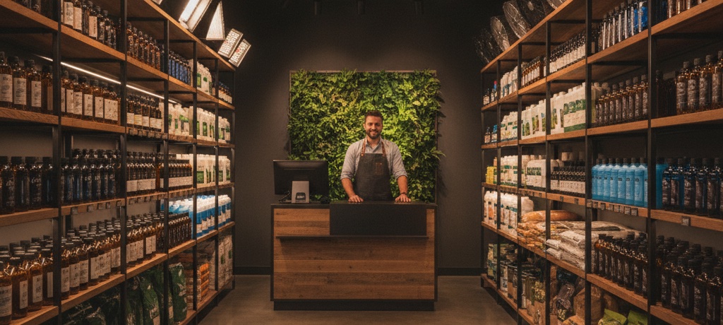 Hydroponics reseller store with stocked shelves and owner at the counter