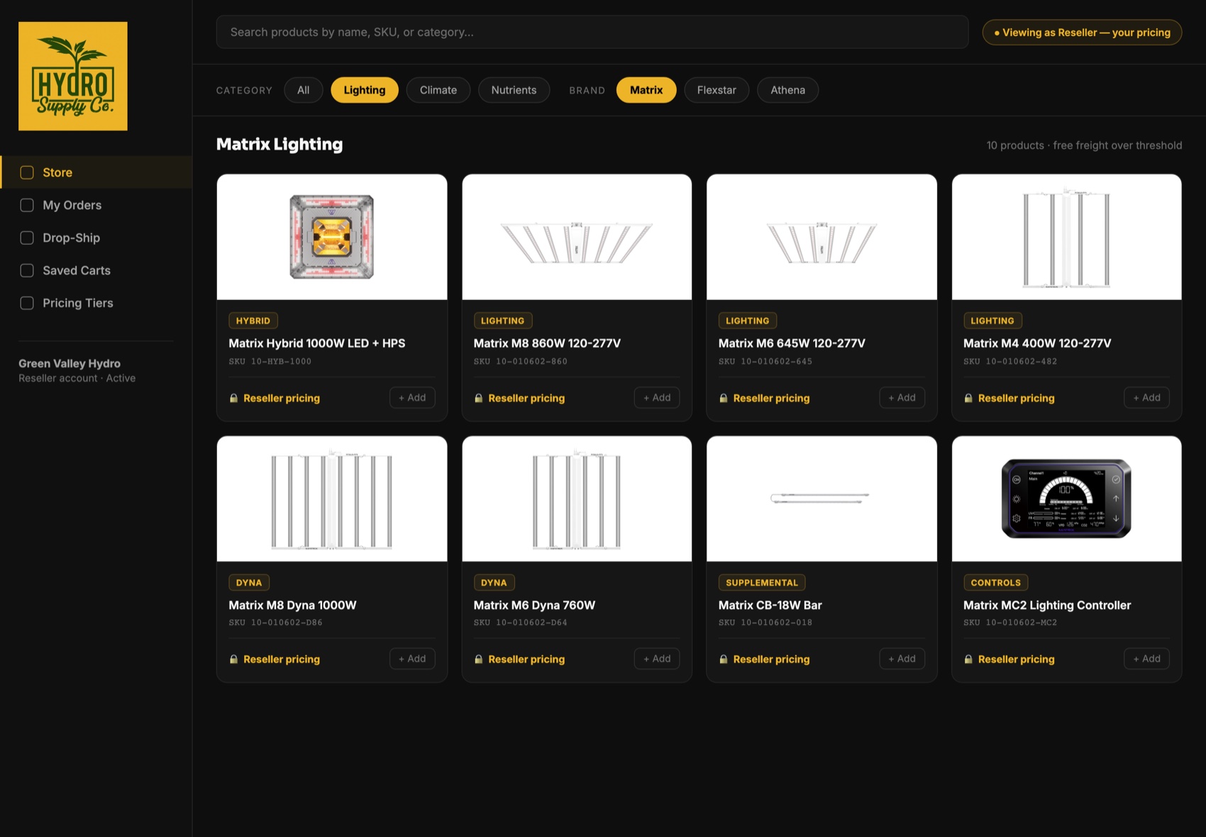 HSCo Partner Portal — Matrix Lighting catalog at protected reseller pricing